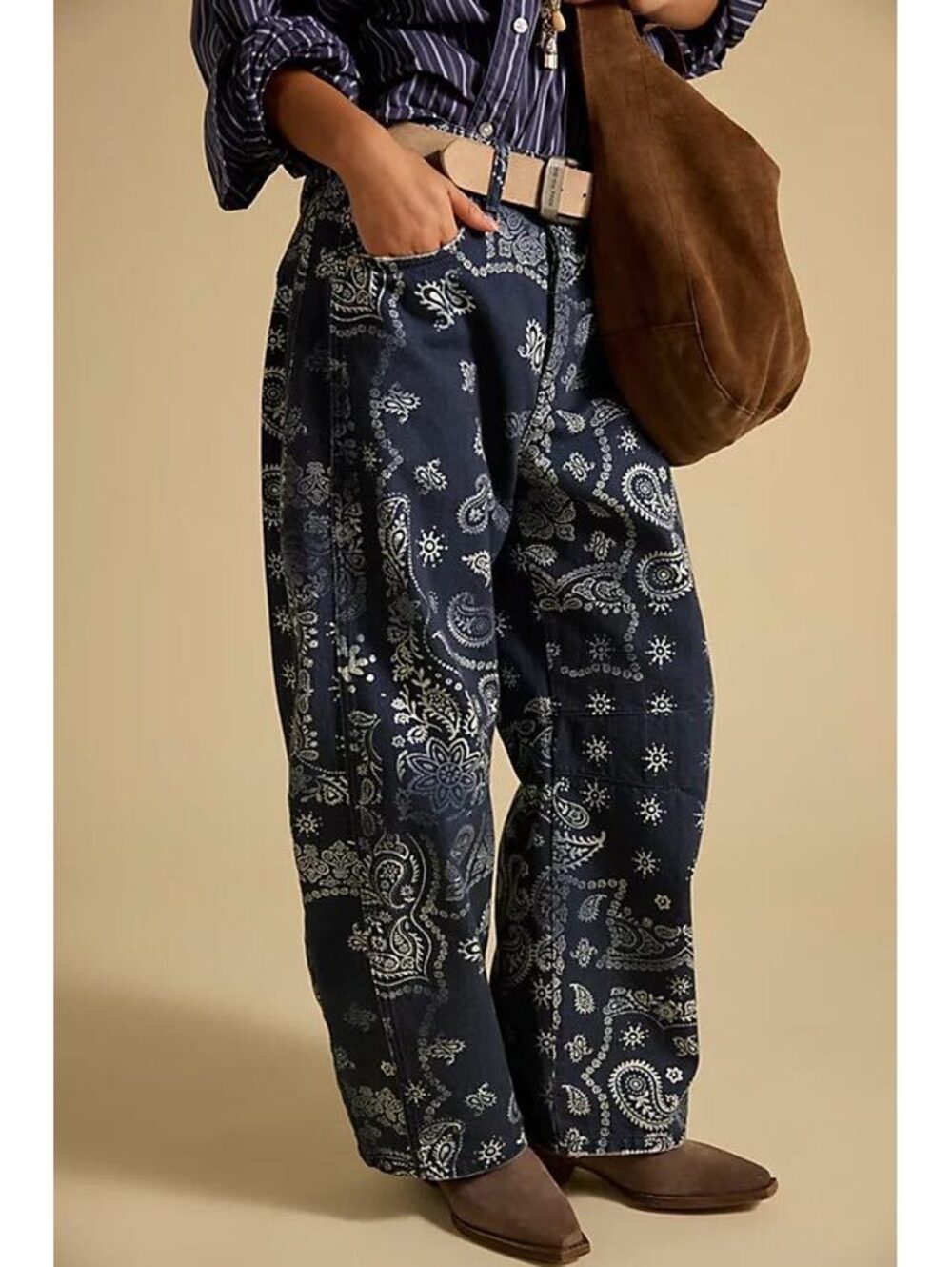 Free People We The Free Good Luck Printed Barrel Denim Jeans Bandana New 28